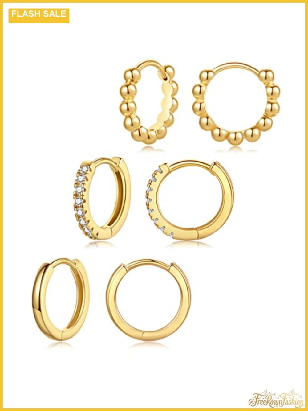 14k Gold Plated Huggie Hoop Earrings for Women, Cubic Zirconia Set of 3